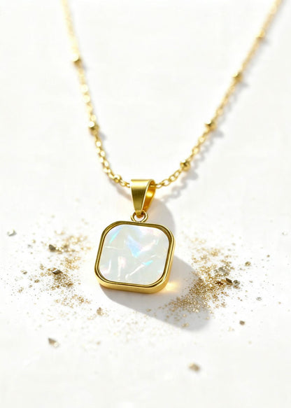 Geometric Pearl Onyx Pendant "Adjustable Chain"