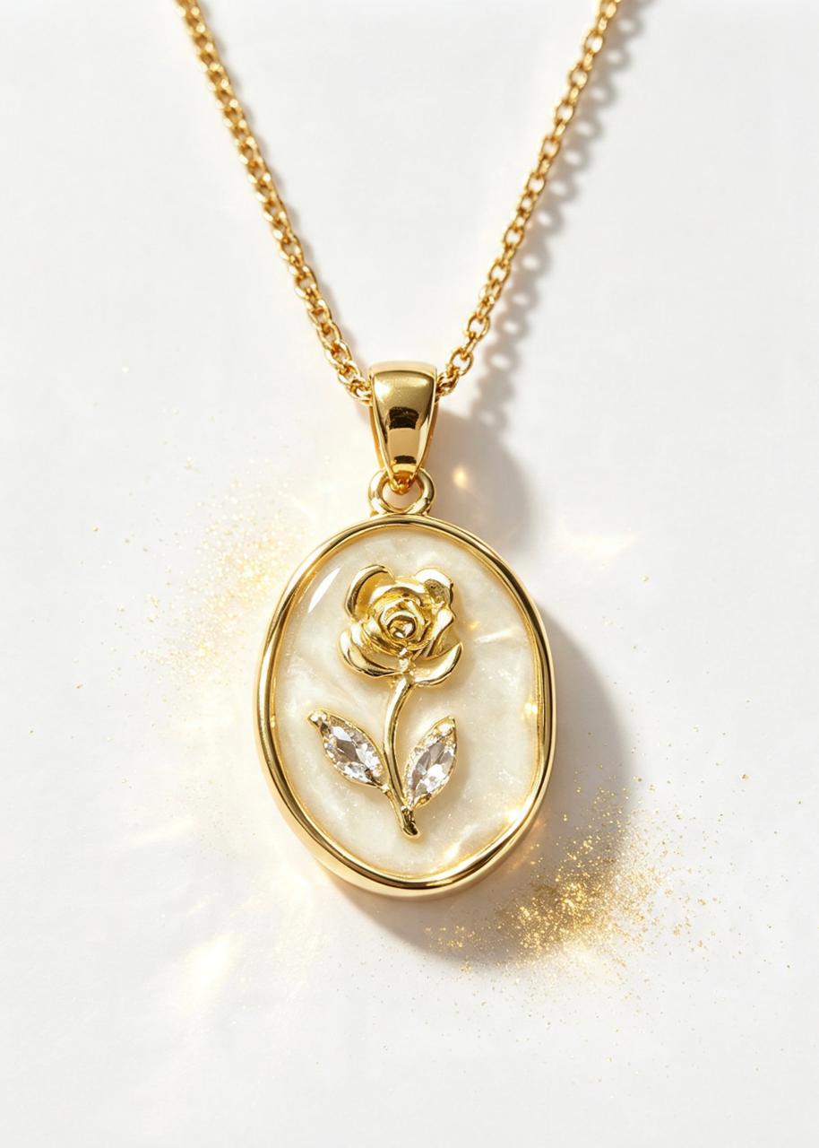 Vintage Rose Pendant With "Crystal Leaves" - Adjustable Chain