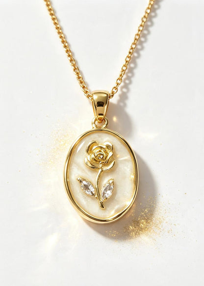 Vintage Rose Pendant With "Crystal Leaves" - Adjustable Chain
