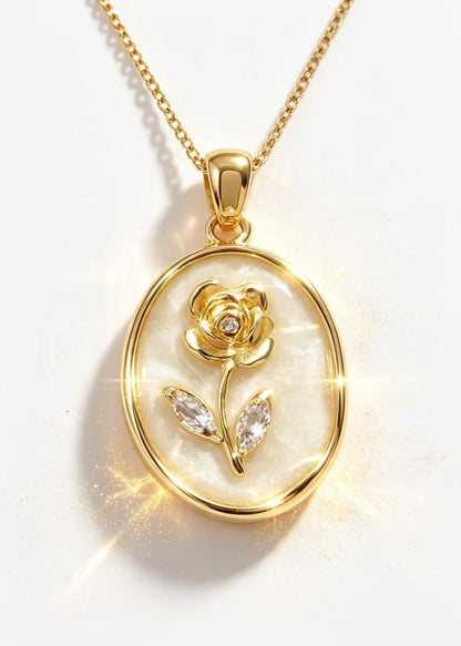 Vintage Rose Pendant With "Crystal Leaves" - Adjustable Chain