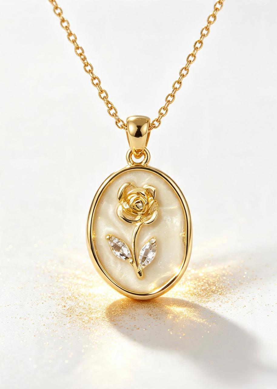 Vintage Rose Pendant With "Crystal Leaves" - Adjustable Chain