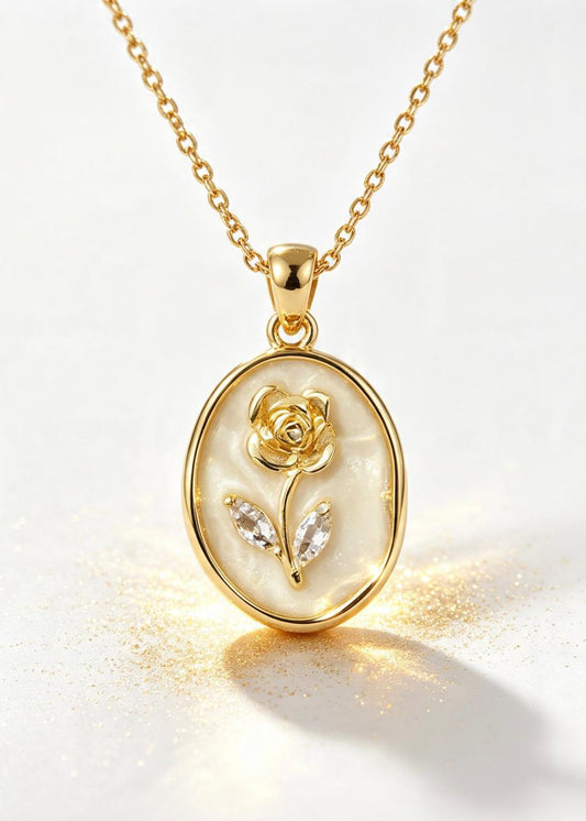 Vintage Rose Pendant With "Crystal Leaves" - Adjustable Chain